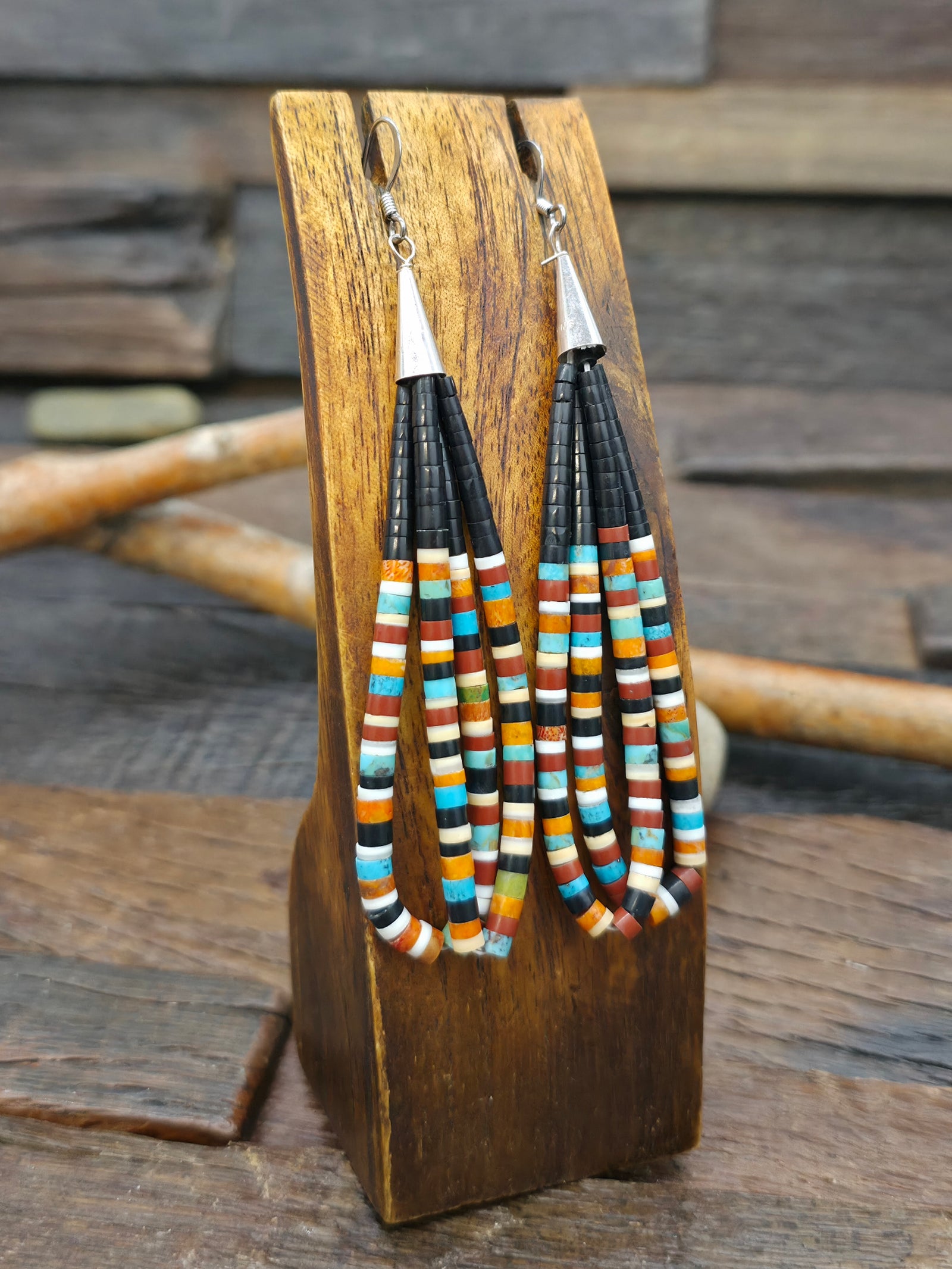 Heishi Earrings by Dorene Calabaza - Multistone Jet - 4 in. by 1 in.