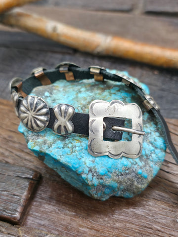 Seven Stone Blue Turquoise and Spiny Brown Leather Buckle Bracelet - 8 in.