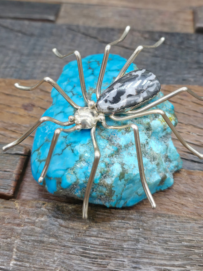 Sterling Silver and Zebra Jasper Spider Pin by Effie Spencer - 3 3/4 in. by 4 in.