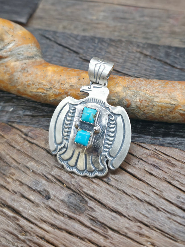Two Stone Sterling Silver Turquoise Thunderbird Pendant by Robinson Martinez - 2 in. by 1 1/4 in.