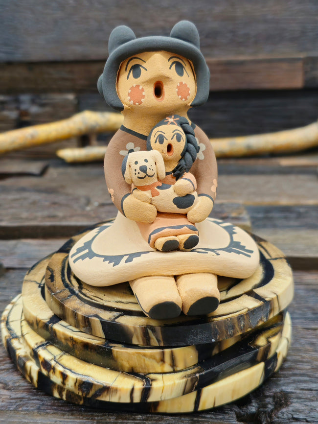 Jemez Storyteller Figurine with Girl and Dog by Chrislyn Fragua - 4" by 4" by 3"