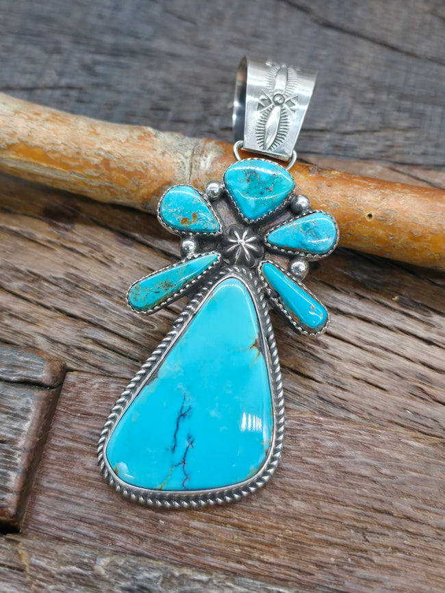 Sterling Silver Candelaria Turquoise Cluster Pendant by Rosella Paxton - 3 1/4 in. by 1 1/2 in.
