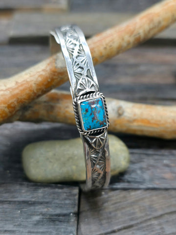 Stamped Sterling Silver and Turquoise Cuff by Sunshine Reeves - 6 1/4 in.