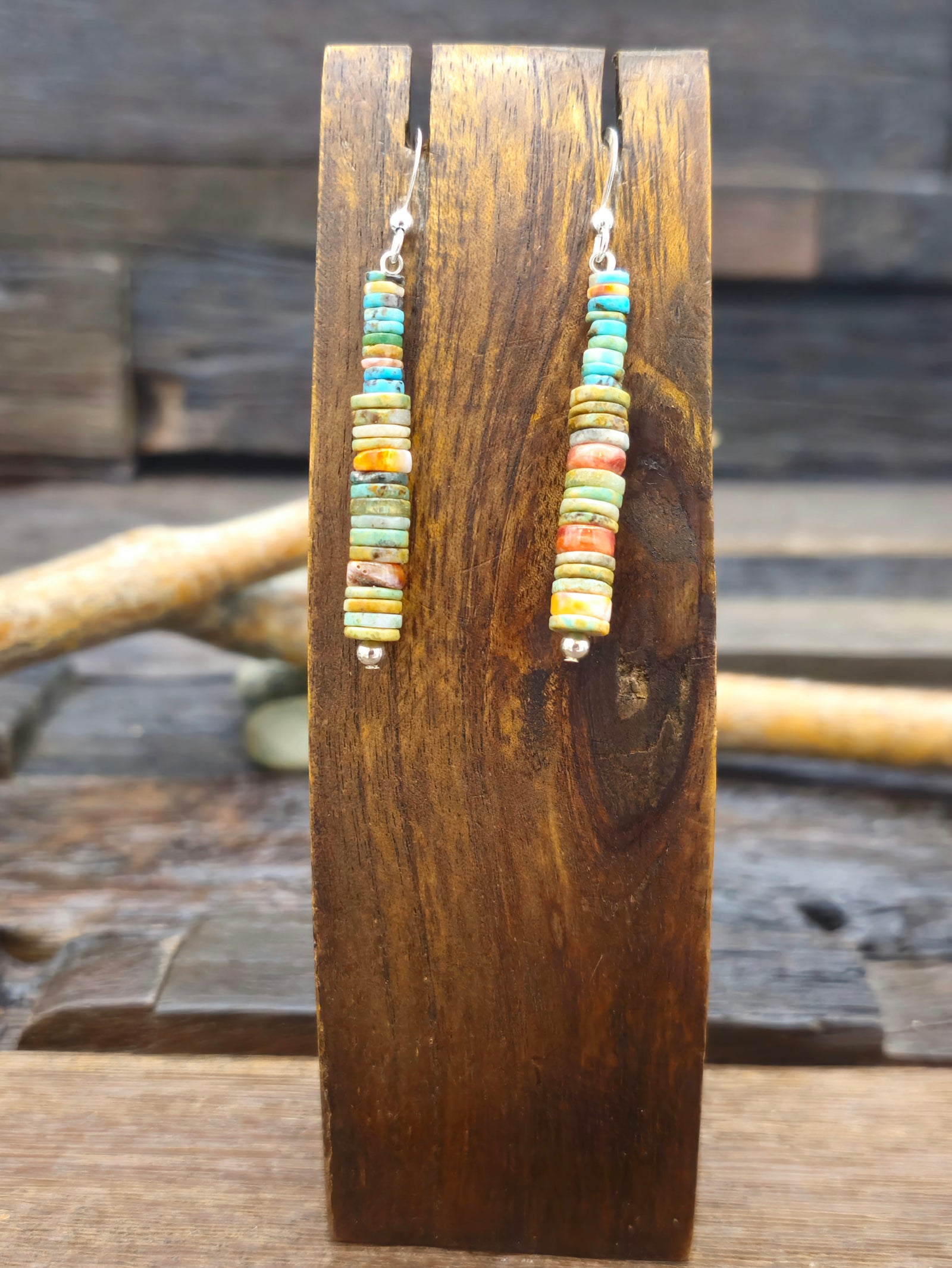 Turquoise and Spiny Oyster Stone Bead Dangle Earrings by Fred Archuleta
