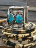 Five Stone Sterling Silver Leaf Applique Cuff with Bear Claws and Turquoise by Ernest Hawthorne - 7 1/2 in. with Gap