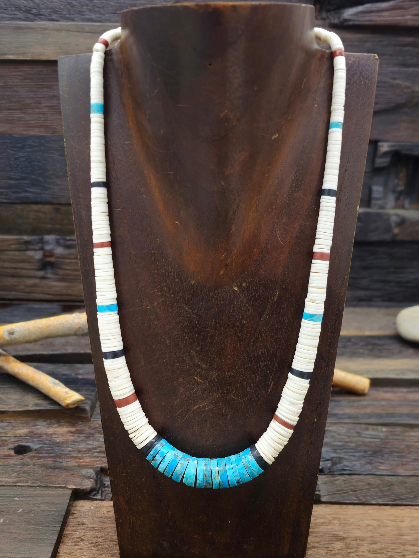Pipestone, Jet, and Turquoise Heishi Necklace by Torevia Crespin - 20 in