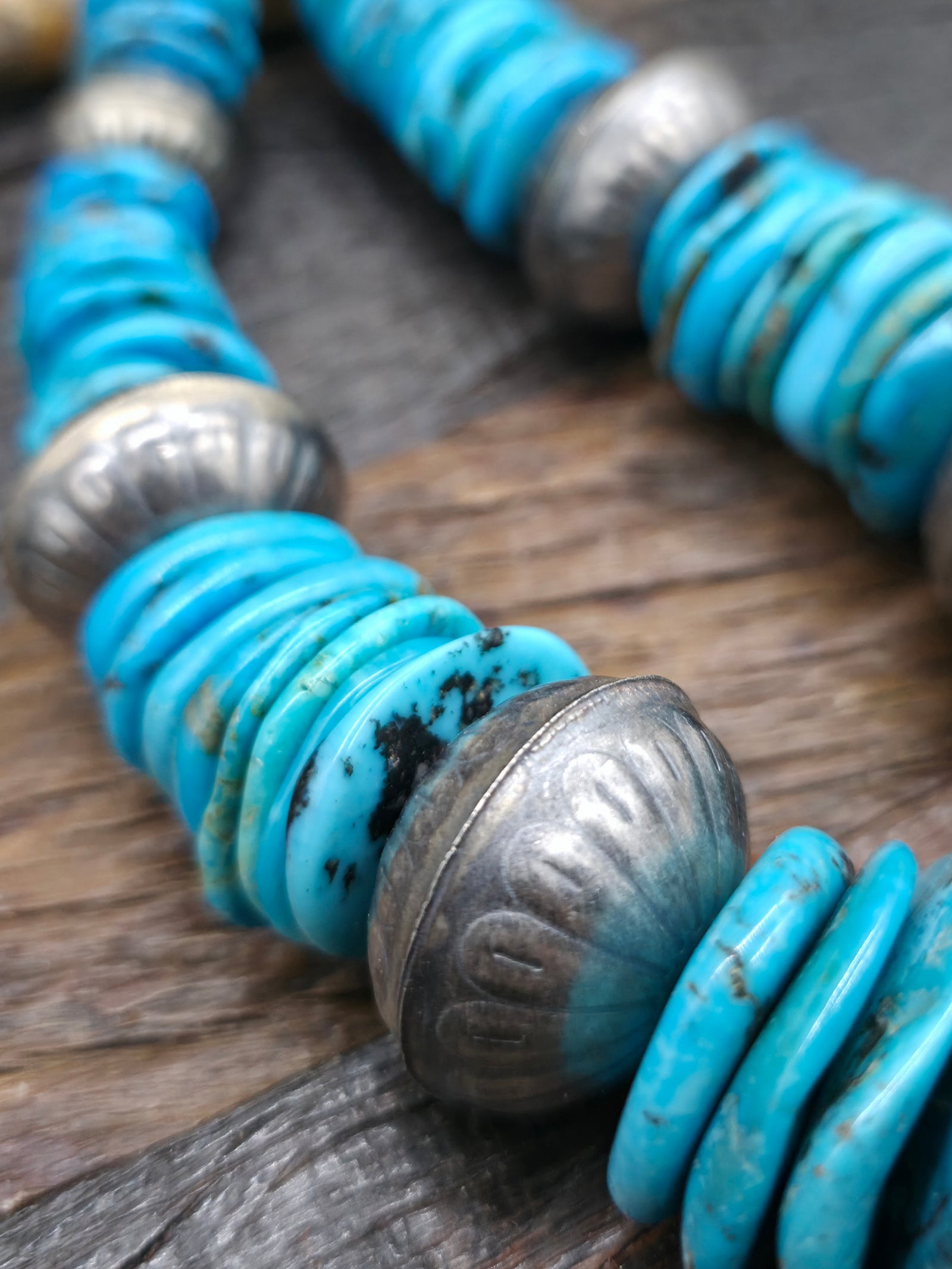 Mixed Turquoise and Sterling Silver Bead Necklace with Sterling Silver Turquoise Chimney Butte Naja - 26 in.