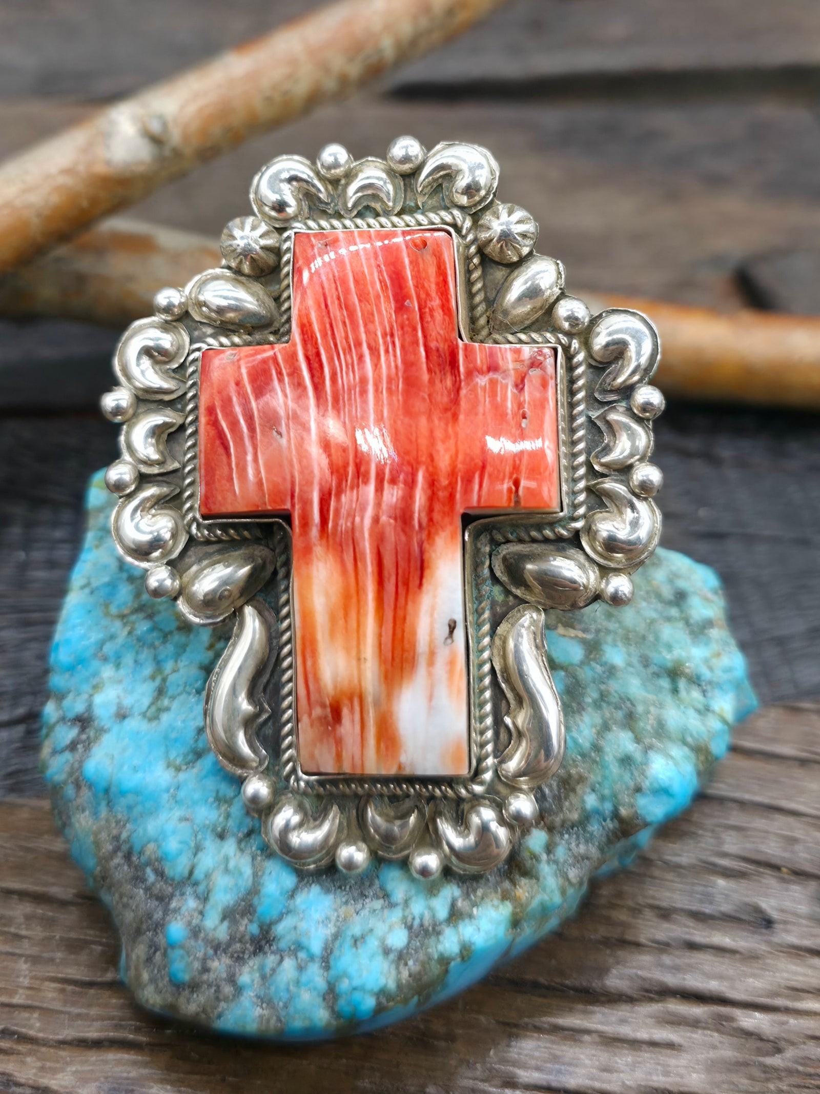 Repousse Stamped Sterling Red Spiny Oyster Cross Ring by Richard Jim - Adjustable