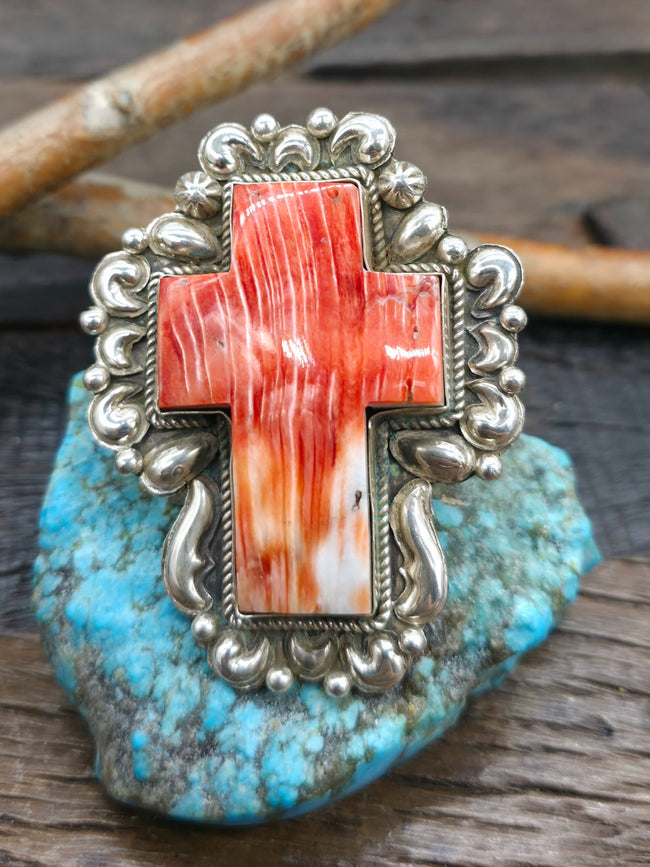 Repousse Stamped Sterling Red Spiny Oyster Cross Ring by Richard Jim - Adjustable