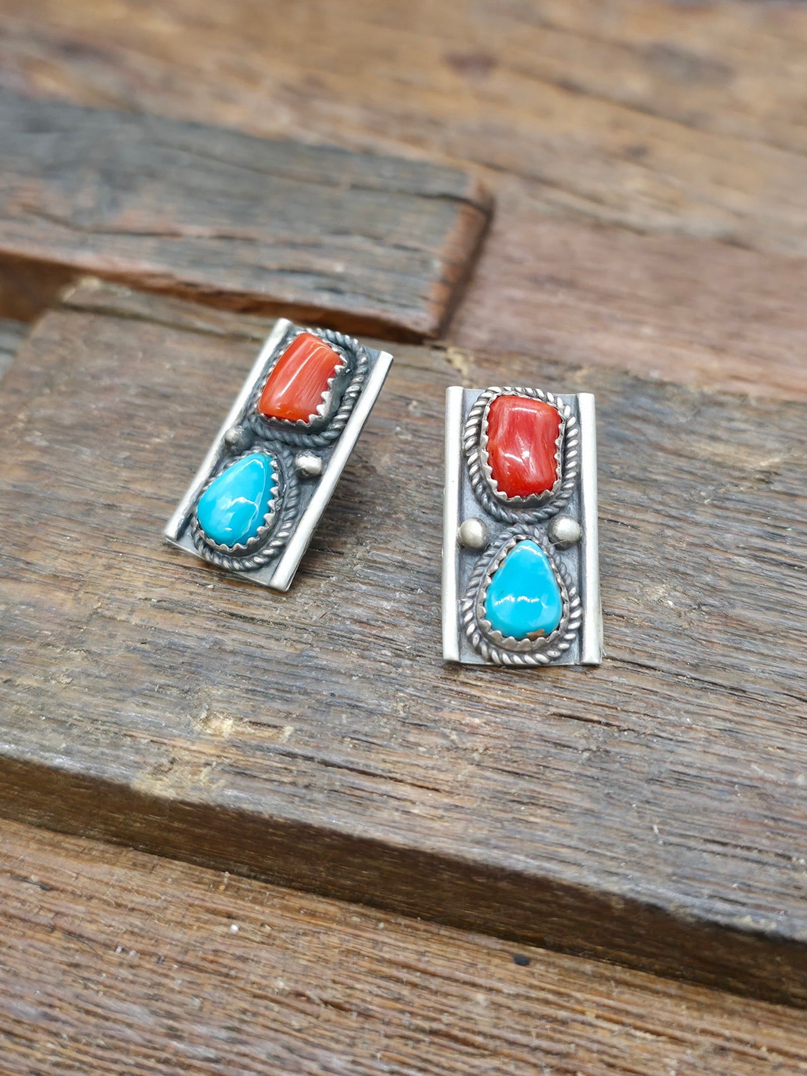 Sterling Silver Pear Shape Turquoise and Coral Post Earrings by LaRose Ganadanegro