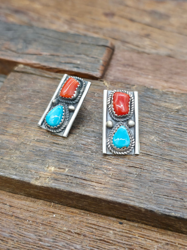 Sterling Silver Pear Shape Turquoise and Coral Post Earrings by LaRose Ganadanegro