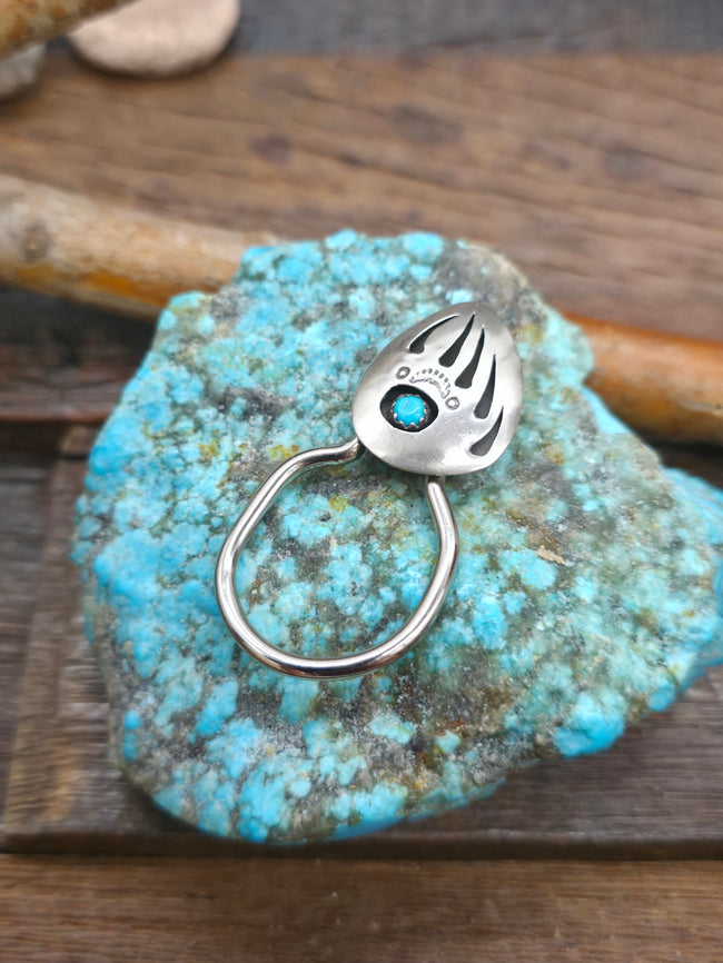 Stamped Sterling Silver Turquoise Shadowbox Bear Paw Keychain by Ervin Begay - 2 in. by 1 in.