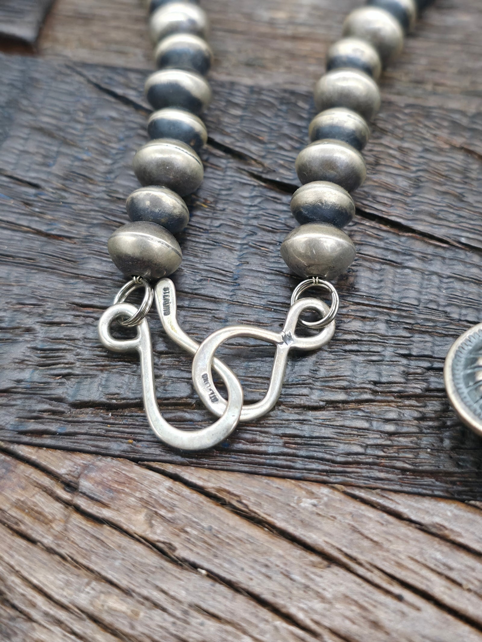 Extra Large Stamped Sterling Silver White Buffalo Squash Blossom Necklace by Leon Martinez - 30 in.