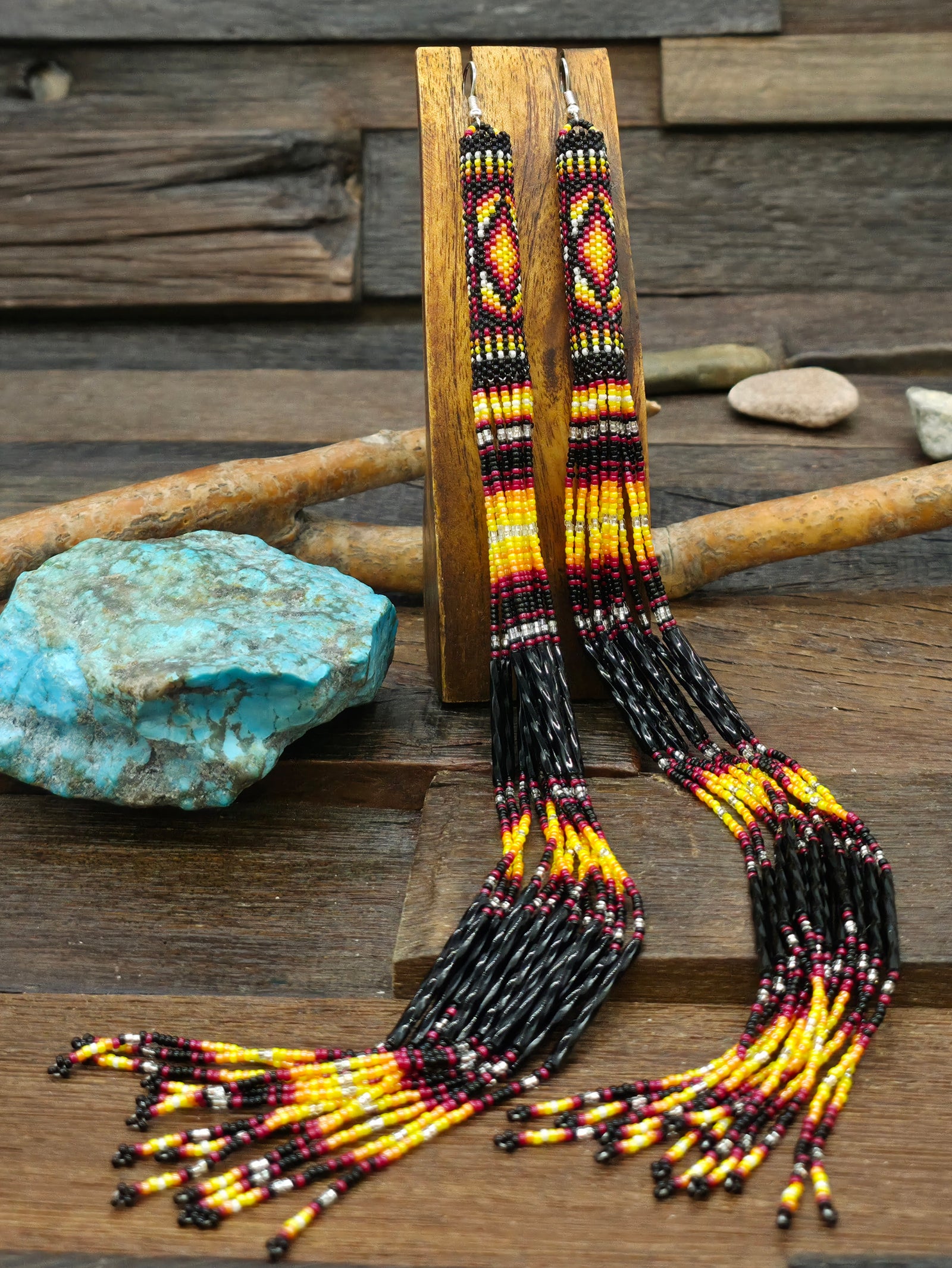Beadwork Shoulder Duster Tassel Earrings by Margaret Lee - Black and Red - 11 in. by 1/2 in.
