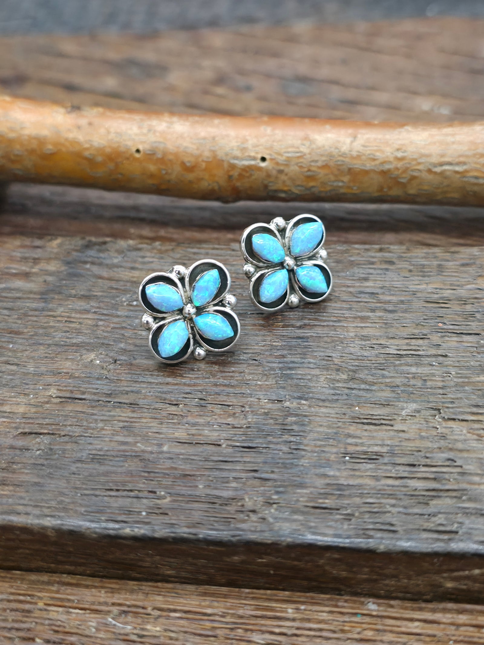 Sterling Silver Lab Opal Earrings by Kenneth Natewa and Velda Cachini - 5/8 in. by 5/8 in.