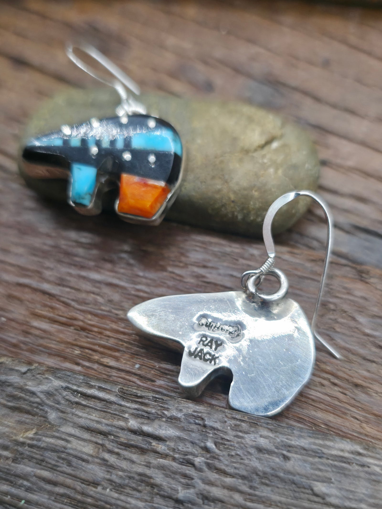 Sterling Silver, Jet, Turquoise, and Spiny Inlay Bear Earrings by Ray Jack