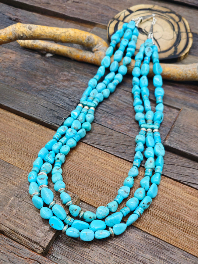 Three Strand Kingman Turquoise Nugget and Sterling Silver Necklace by Fred Archuleta - 24 in.