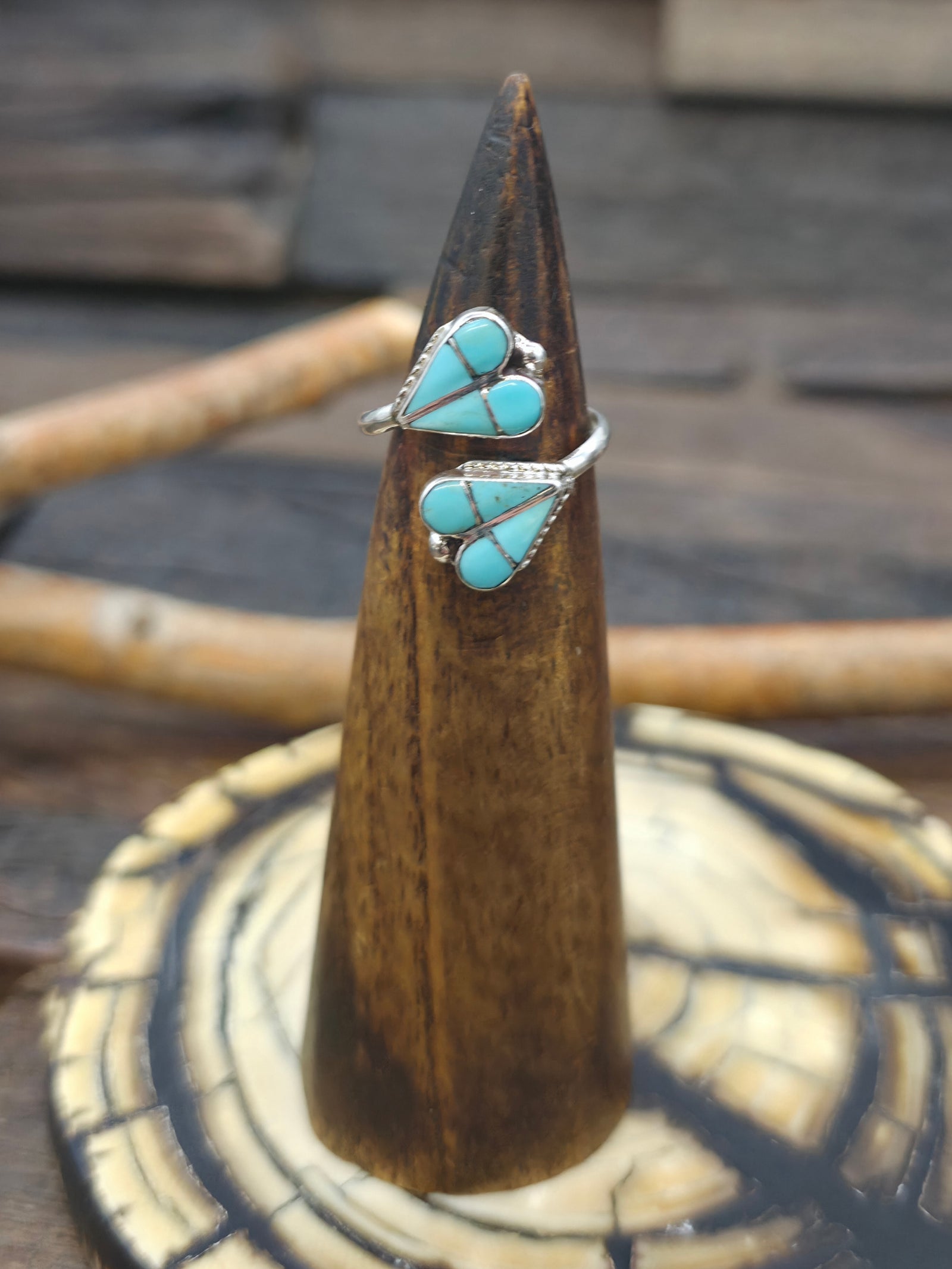 Wraparound Sterling Silver Turquoise Inlay Ring by Valida Natacio - Adjustable