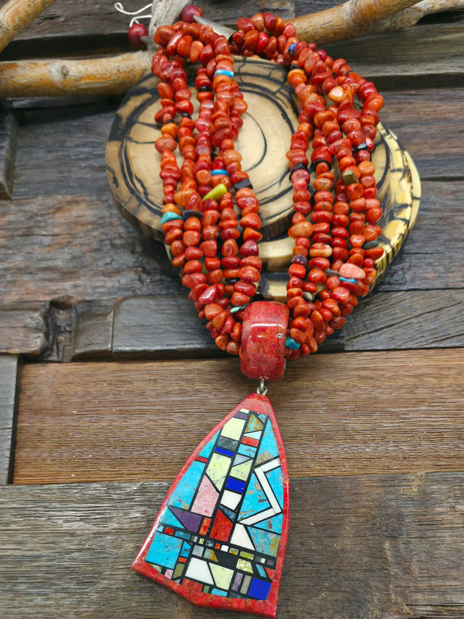 Four Strand Apple Coral and Multi Stone Necklace with Mosaic Inlay Pendant by Chris Nieto - 18 in.