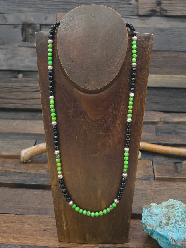 Green Sky Horse Turquoise, Onyx, and Sterling Silver Bead Necklace - 24 in.
