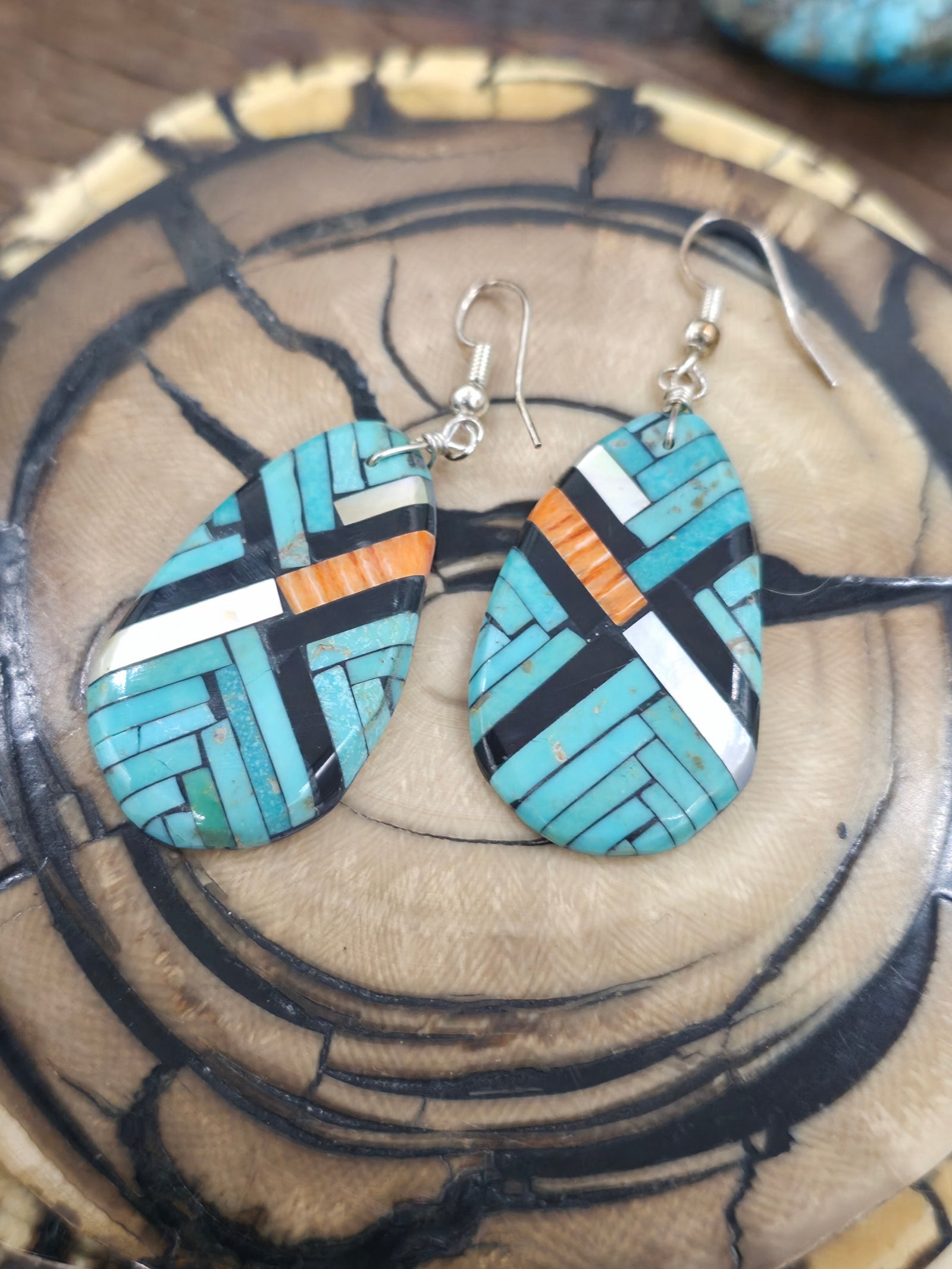 Mosaic Inlay Earrings by Joe Reano - Jet, Turquoise, Spiny, Mother of Pearl - 2 1/2 in. by 1 in.