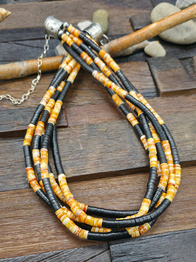 Five Strand Jet and Spiny Oyster Heishi Necklace by Fred Archuleta - 23 in. Plus 6 in. Extender
