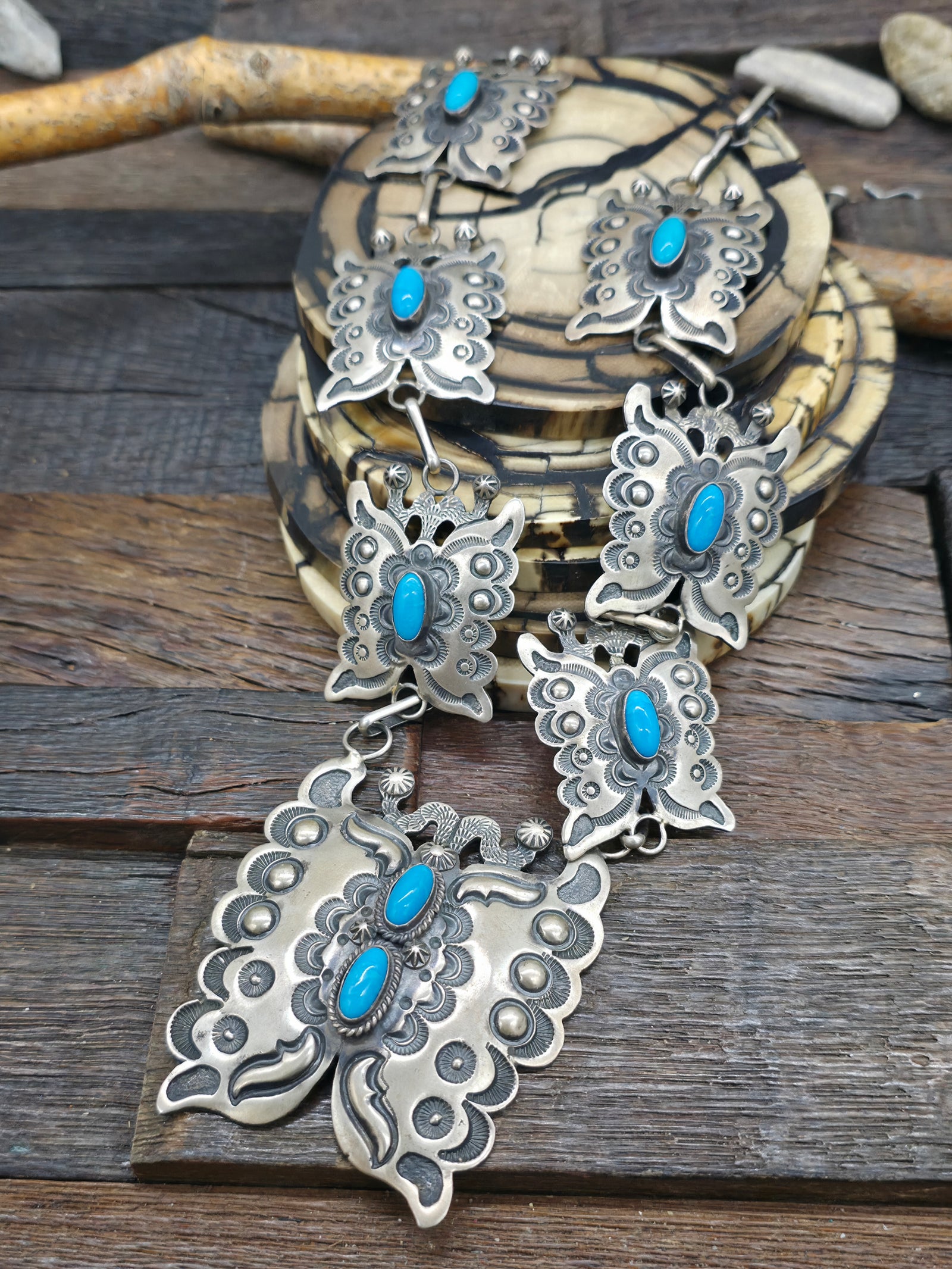 Stamped Sterling Silver Sleeping Beauty Turquoise Butterfly Necklace by Hemerson Brown - 28 in.