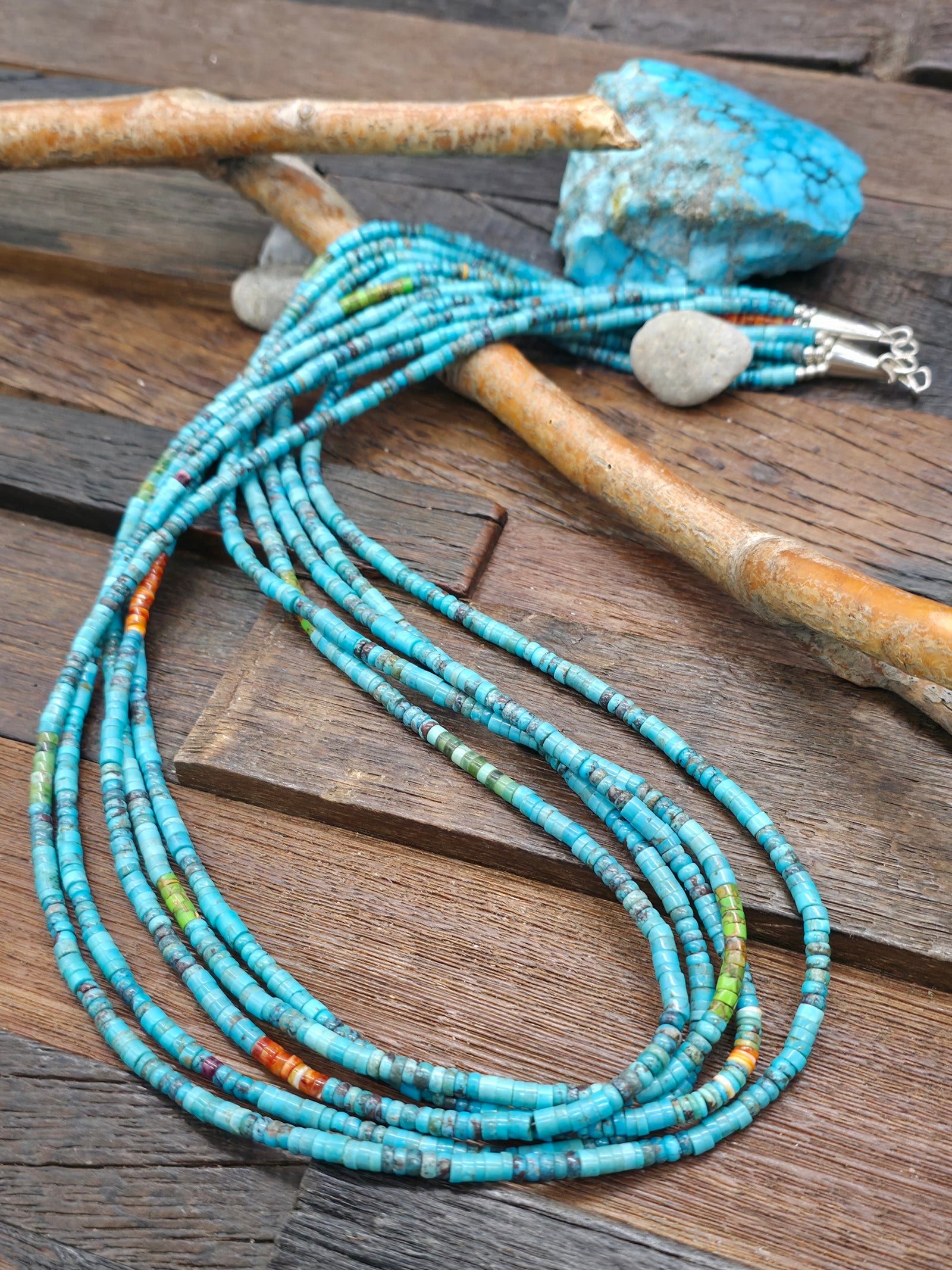 5 Strand Turquoise and Orange Spiny Oyster Heishi Necklace by Fred Archuleta - 30 in.