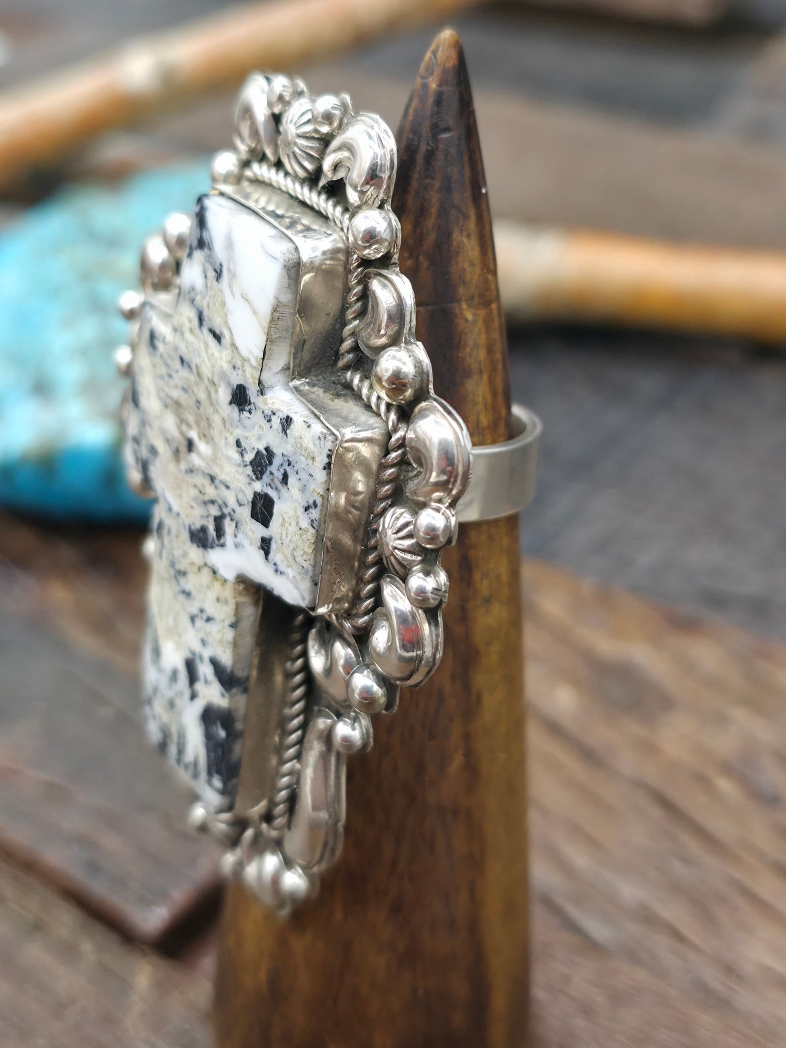 Large Repoussé Stamped Sterling Silver White Buffalo Cross Ring by Richard Jim - Adjustable