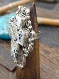 Large Repoussé Stamped Sterling Silver White Buffalo Cross Ring by Richard Jim - Adjustable