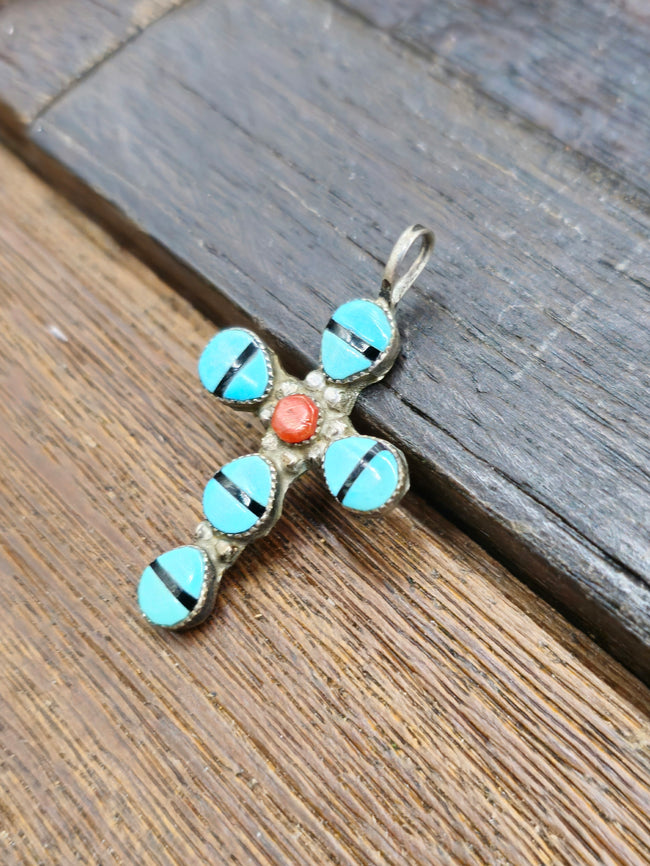 Vintage/Estate Sterling Silver Turquoise Jet and Coral Cross Pendant
