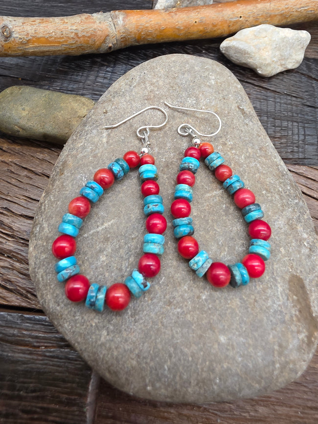 Apple Coral and Blue Turquoise Rondelle Loop Earrings by Fred Archuleta