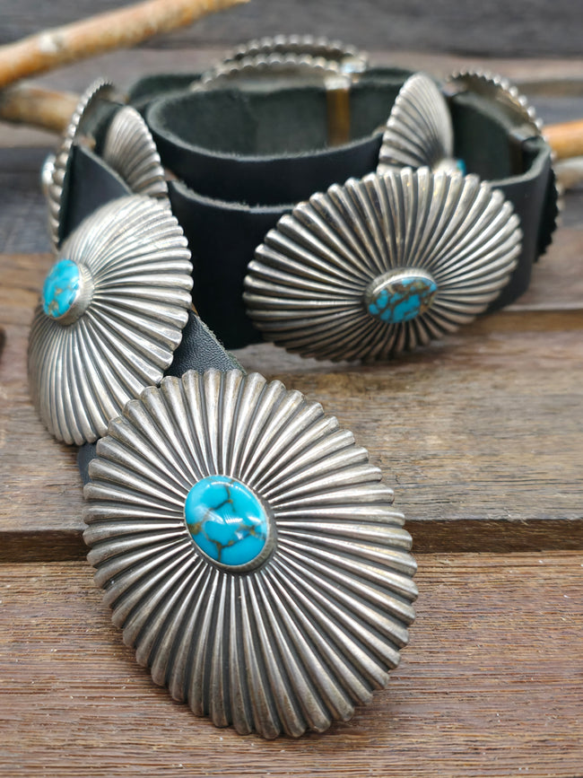 Vintage/Estate Blue Turquoise Stamped Sterling Silver Concho Belt by E. Bilagody