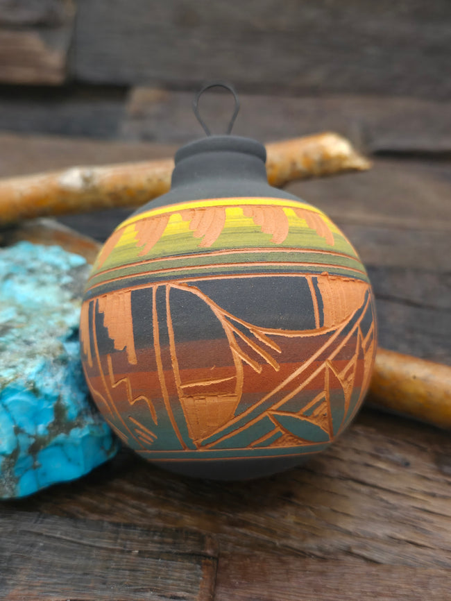 Navajo Etched Christmas Ornament Bauble by Viveca Tsosie - Black