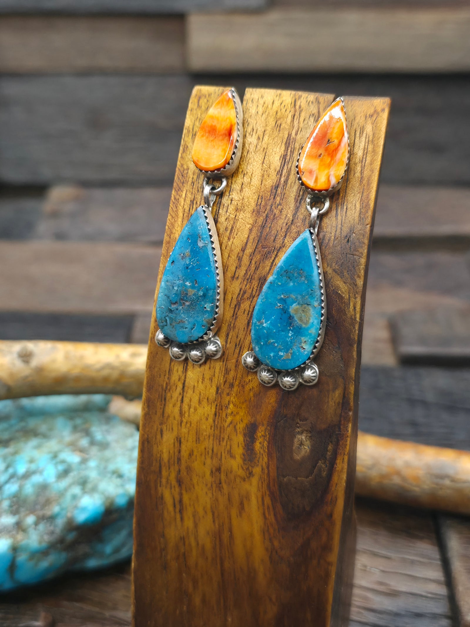 Sterling Silver Turquoise and Spiny Earrings by Selena Warner - 2 1/4 in. by 5/8 in.