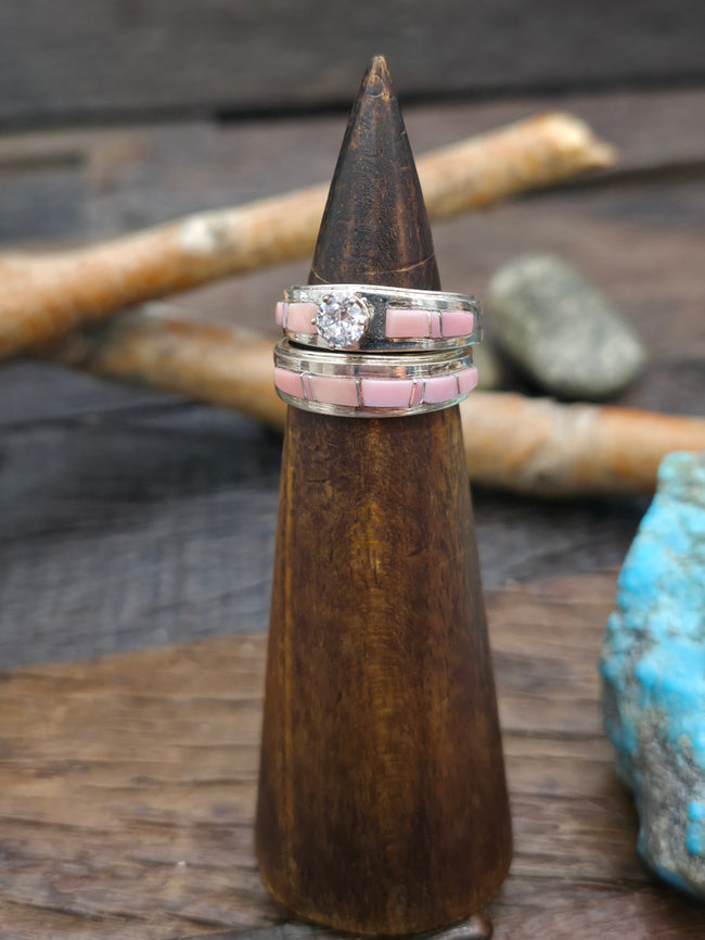 Sterling Silver Inlay Pink Conch Wedding Band Set Size by Wilbert Muskett Jr.