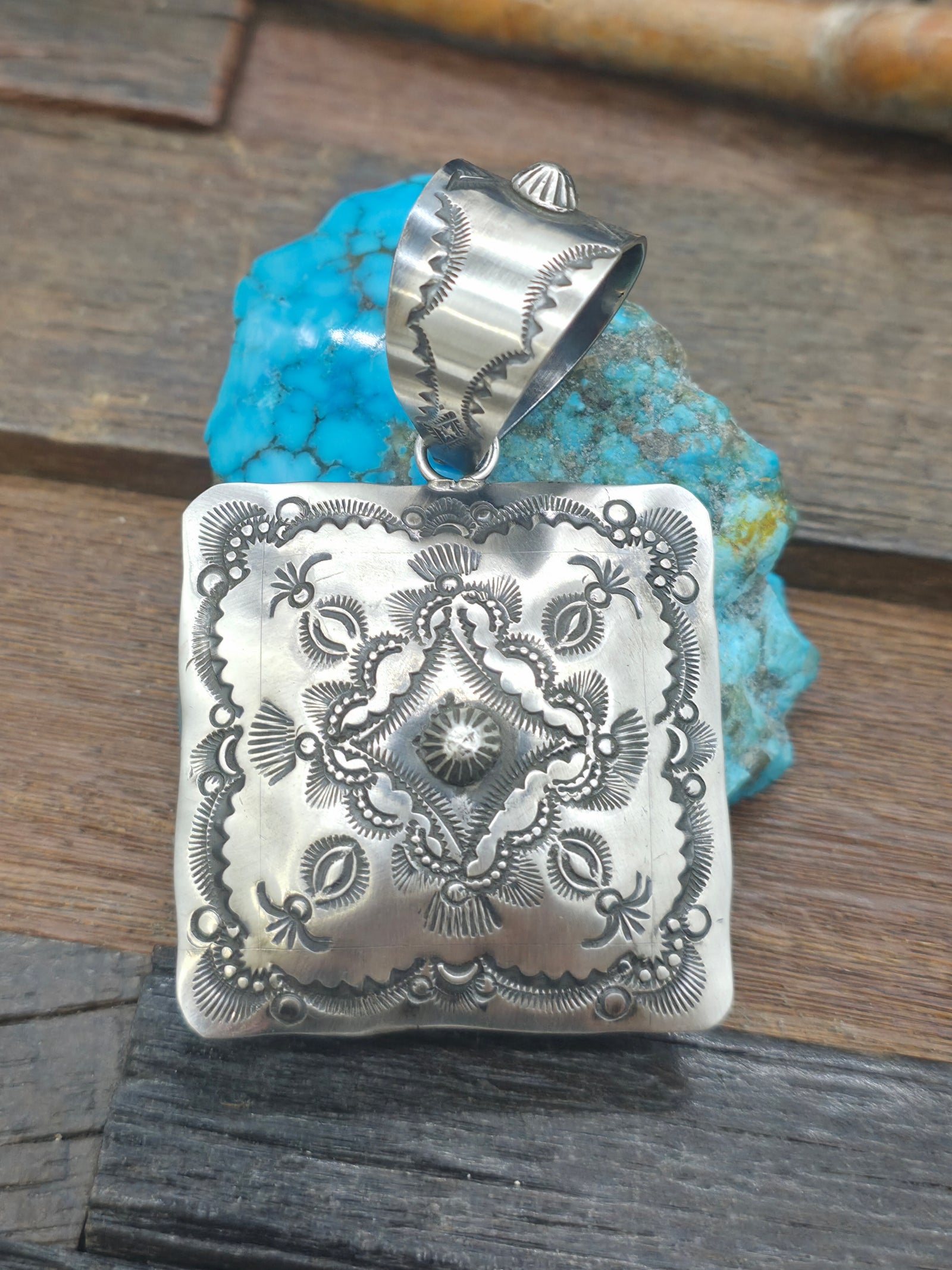 Large Stamped Sterling Silver Square Pendant by Vincent Platero -  3 1/4 in. by 2 1/4 in.