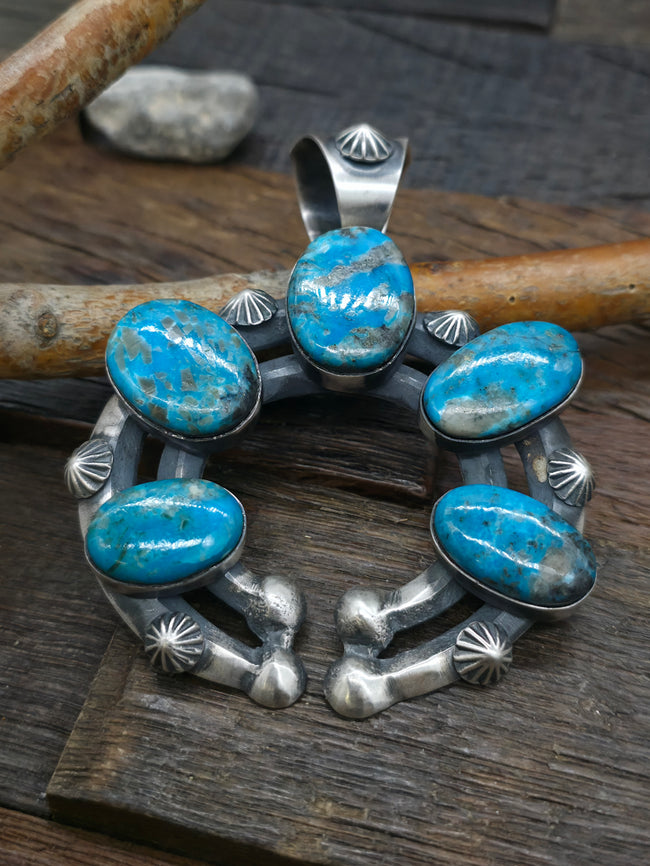 Chimney Butte Five Stone Heavyweight Cast Sterling Silver Turquoise Naja Pendant - 4 in. by 3 in.