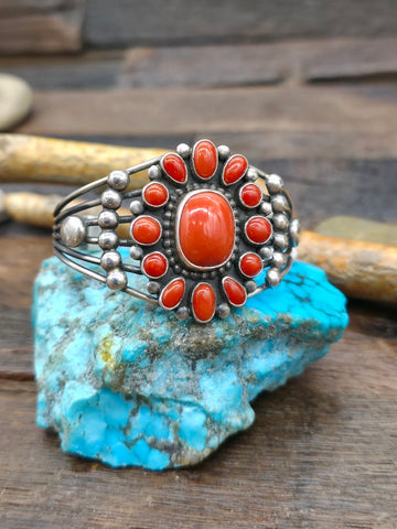 Sterling Silver Mixed Turquoise Cluster Cuff Bracelet by Kathleen G. - 6 3/4 in. with Gap