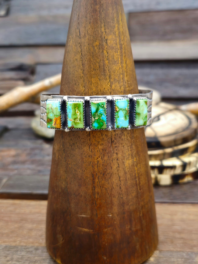 Five Stone Sonoran Turquoise Sterling Silver Cuff by LaRose Ganadanegro - 6 1/4 in.