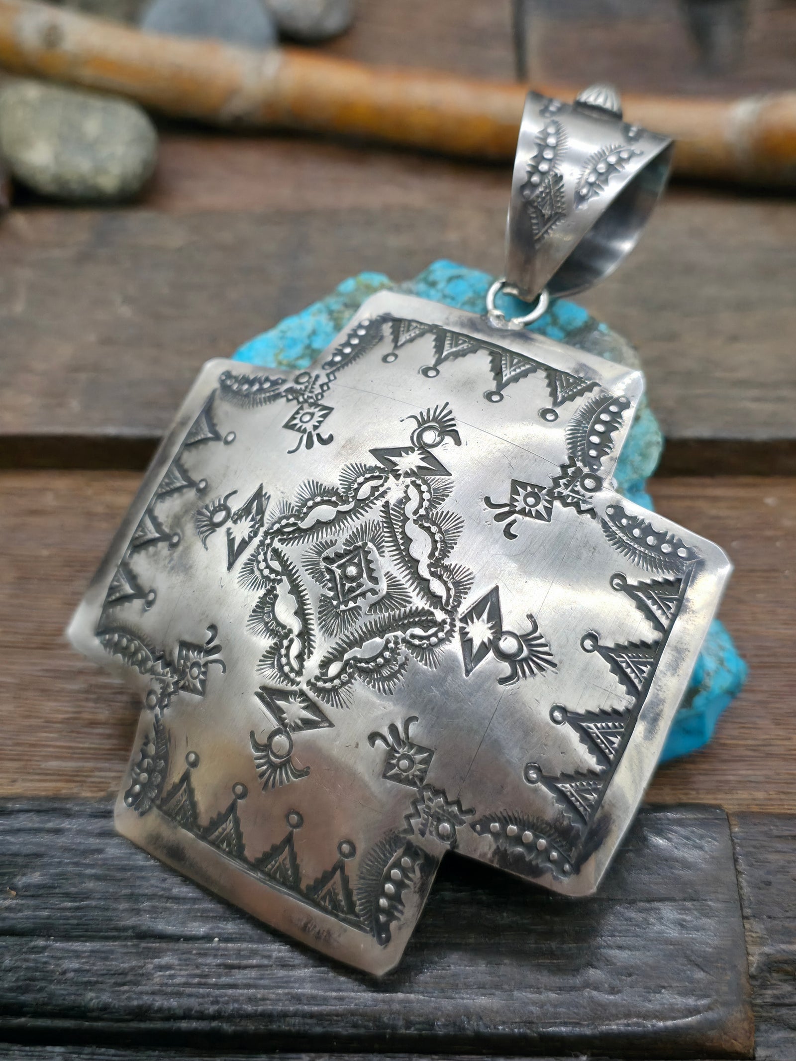 Large Stamped Sterling Silver Santa Fe Cross Pendant by Vincent Platero - 4 1/2 in. by 3 1/4 in.
