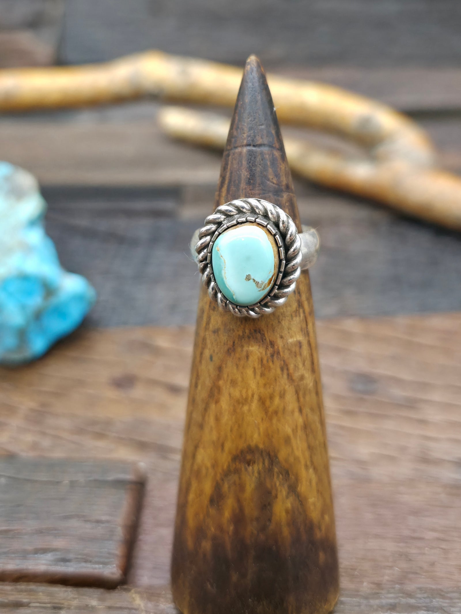 Sterling Silver Turquoise Oval Ring with Rope Detail  - Adjustable