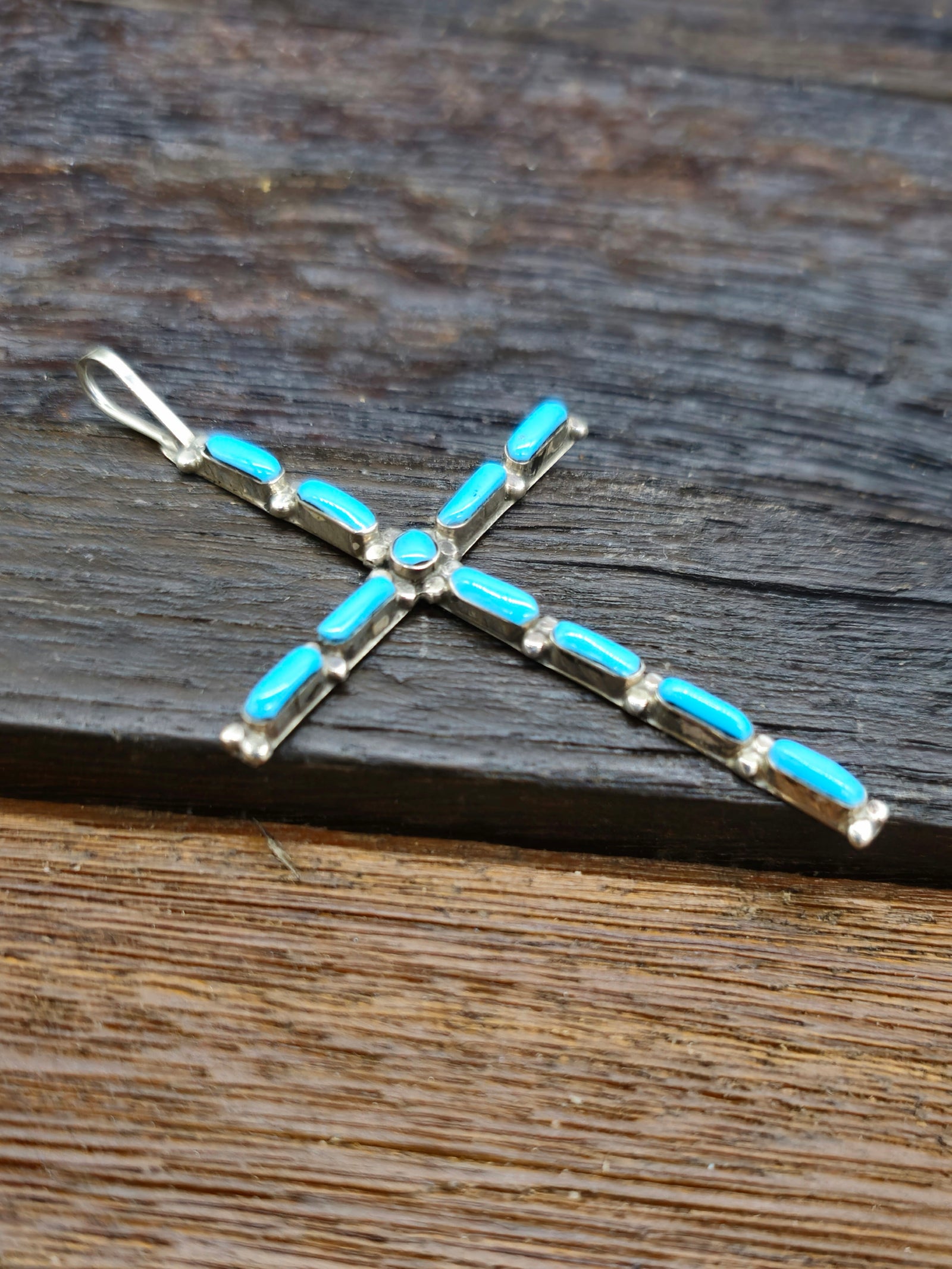 Sterling Silver Turquoise Needlepoint Cross by Felicia Massie - 2 1/2 by 1 1/2 in.