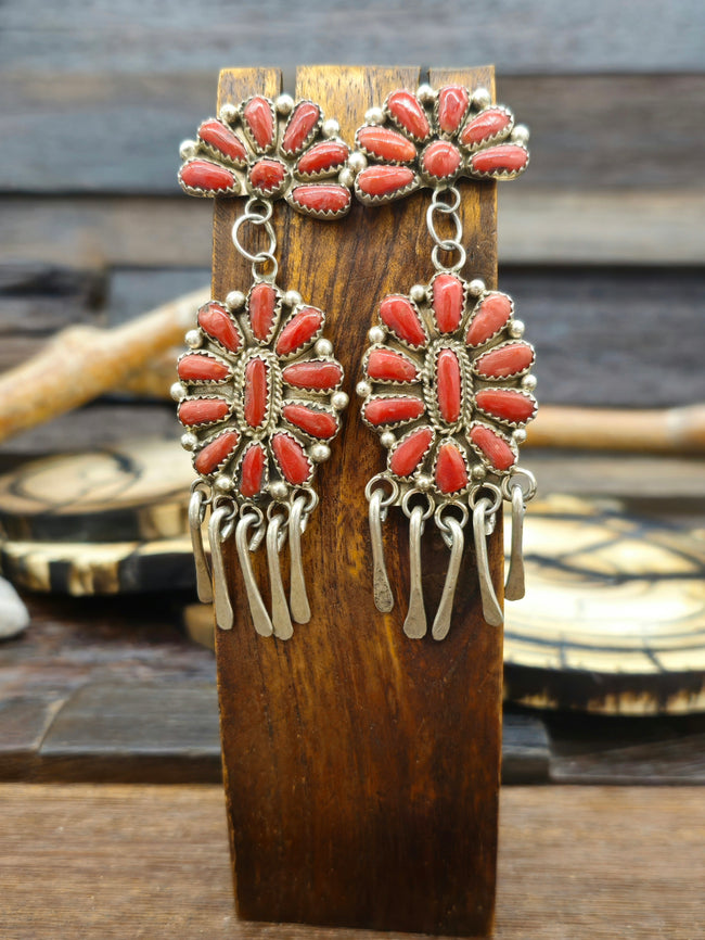 Coral Cluster Earrings with Sterling Silver Dangles by Harry Melikan