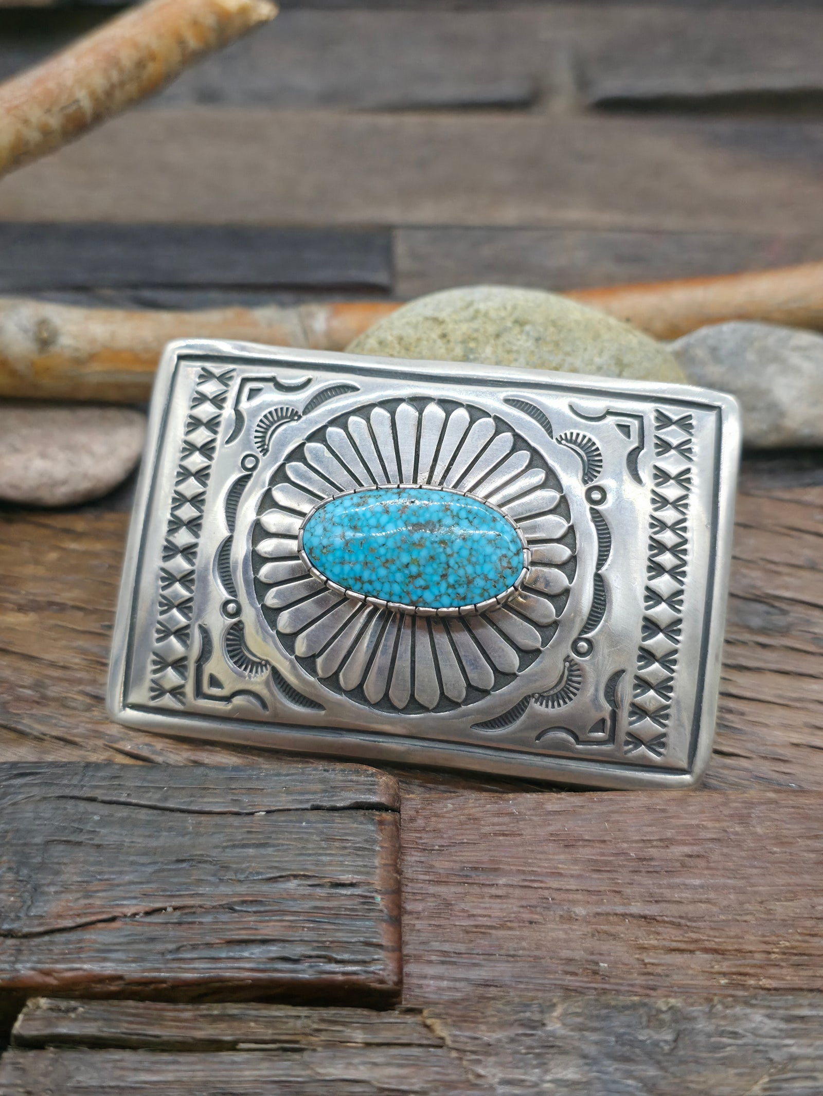 Stamped Sterling Silver and Kingman Turquoise Belt Buckle by Albert Jake - 3 in. by 2 in.