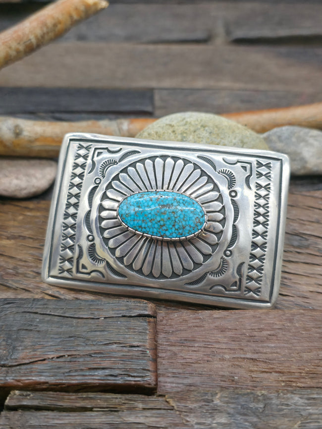 Stamped Sterling Silver and Kingman Turquoise Belt Buckle by Albert Jake - 3 in. by 2 in.