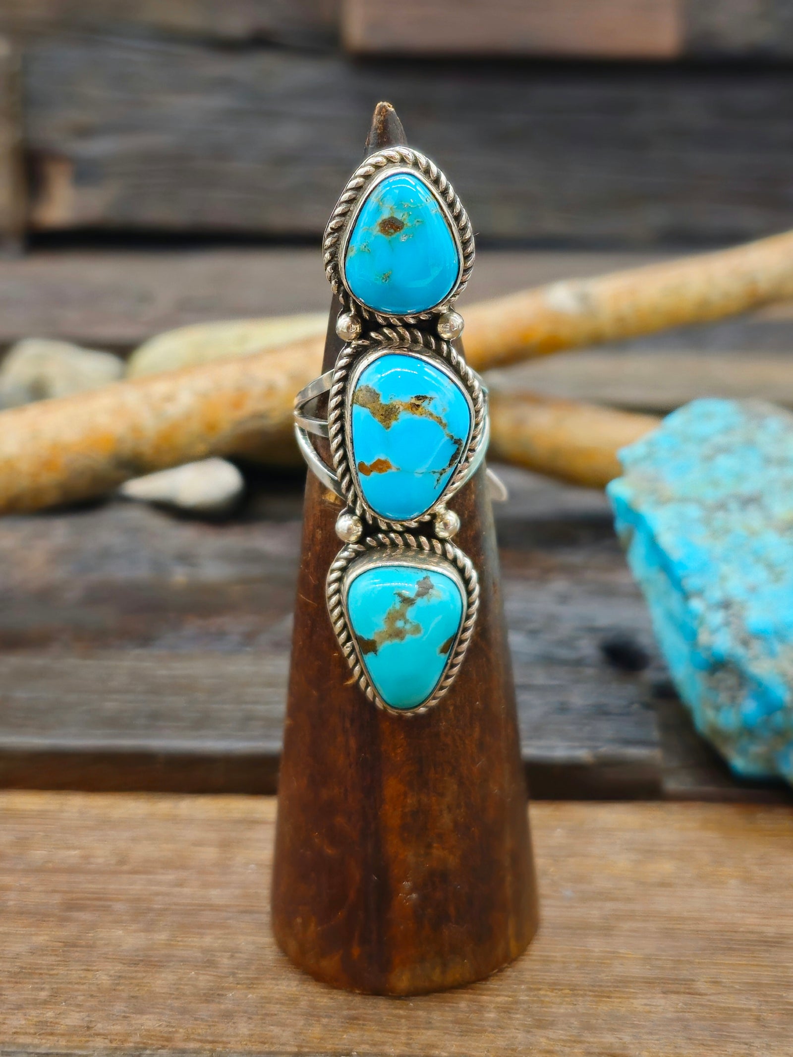 Three-Stone Kingman Turquoise Ring by Rosella Paxton - Size  9