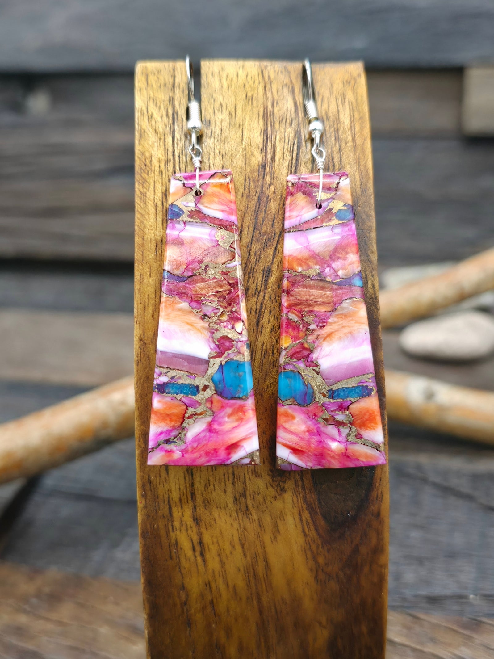 Pink Mojave, Spiny, and Turquoise Composite Slab Earrings by Jameson Pete - 3 in. by 3/4 in.