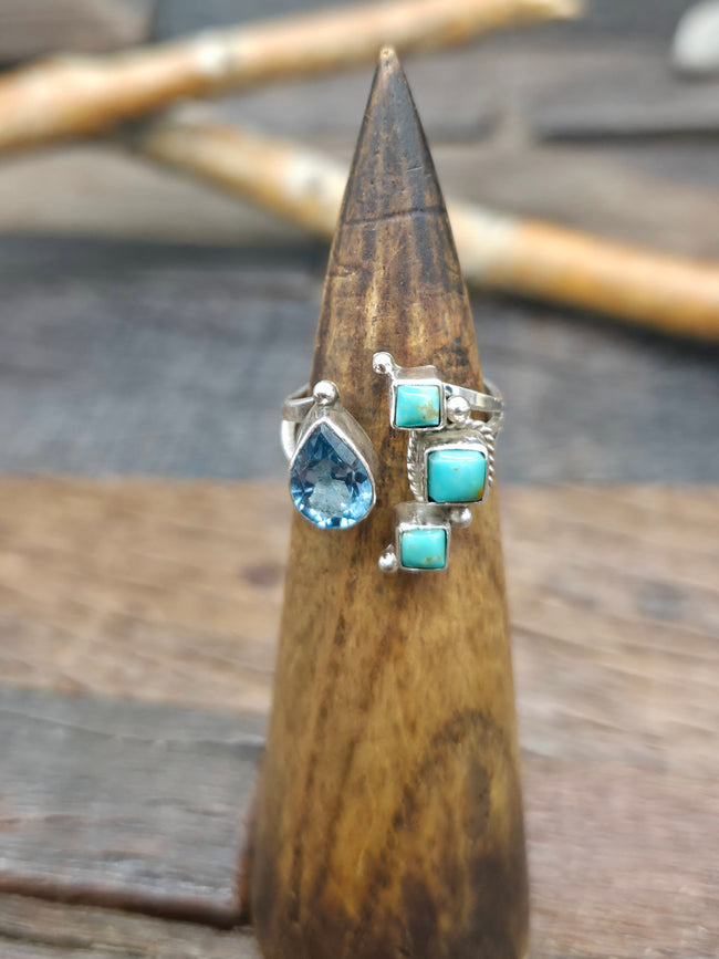 Sterling Silver Blue Topaz and Turquoise Wraparound Ring by Sheena Jack - Size 9