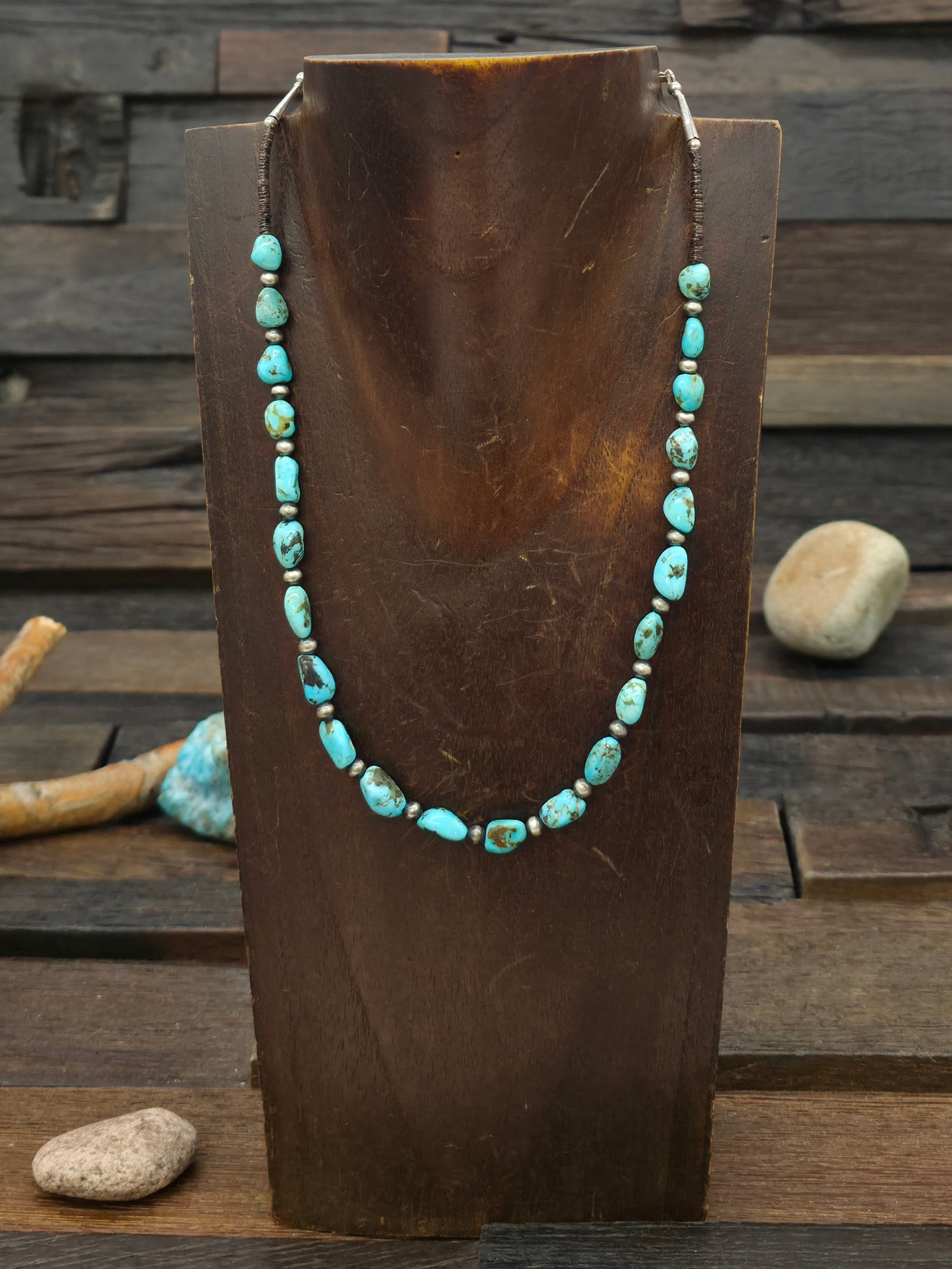 Sterling Silver and Turquoise Bead Necklace with Heishi - 15 in. plus 3 in. Extender